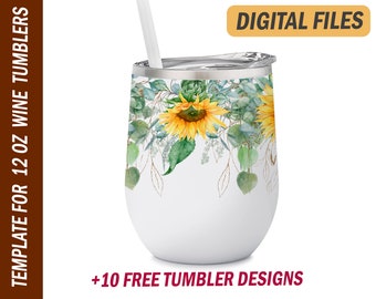 Sunflower wine tumbler wrap Png file for sublimation design Floral background 12 Oz wine tumblers template