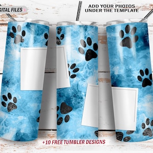 May include: Three sublimation designs for a 20 oz skinny tumbler featuring a blue watercolor background with black paw prints. The designs include a blank space for adding a photo or text.