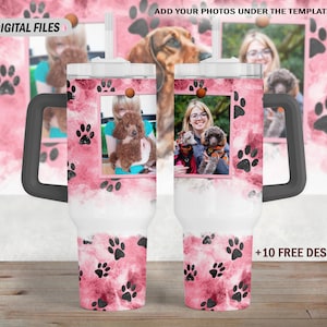 40 oz tumbler wrap with 2 photo frames png file for sublimation design 40 Oz tumbler template with dog paws Pink cup wrap digital downloads