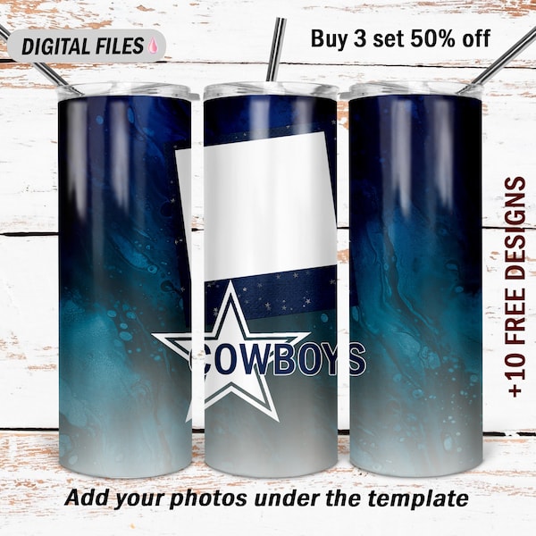 Blue tumbler wrap template for 1 photo  Cowboys background Png file for sublimation designs 20 Oz skinny tumbler wrap with 1 picture