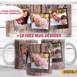 Picture mug template for 3 photos Wood mug wrap 15 oz and 11 oz background for cups Mug png file for sublimation design Photo mug design