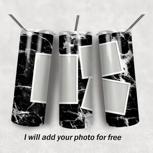 May include: Three cylindrical tumblers with a black and white marble pattern, each featuring blank white-bordered rectangular frames for photo placement. Each tumbler includes a thin metal straw inserted into the lid. Text reads: I will add your photo for free.