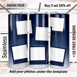 Picture tumbler wrap template for 6 photo frames Blue and gray tumbler background Png file for sublimation designs Digital downloads