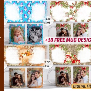 May include: A collection of white ceramic mugs with various designs, including snowman patterns, Christmas themes, and photo templates. The text on the image reads "TEMPLATE FOR 15, 11 OZ MUGS" and "+10 FREE MUG DESIGNS". The words "DIGITAL FILES" are also visible.