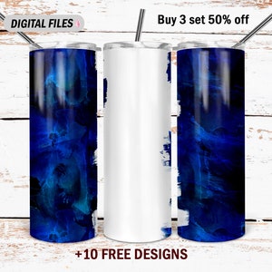 Puede incluir: Tres vasos de acero inoxidable con un diseño abstracto azul. Los vasos están sobre un fondo de madera blanca. El texto "Buy 3 set 50% off" está en la parte superior de la imagen. El texto "+10 FREE DESIGNS" está en la parte inferior de la imagen.