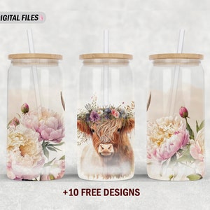 Highland cow 16 Oz libbey glass wrap sublimation design 16oz glass can png file with flowers 16 oz tumbler wrap png Seamless tumbler for mom