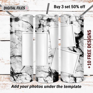 Plantilla de vaso de mármol para 3 fotos Vaso blanco de 20 oz para hombre sin costuras Envoltura de vaso con imagen con 3 marcos de fotos Archivo Png Diseños de sublimación