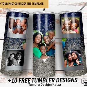 Blue tumbler wrap with 5 photo frames Fathers day tumbler wrap png for sublimation design 20 Oz skinny tumbler png Glitter tumbler design