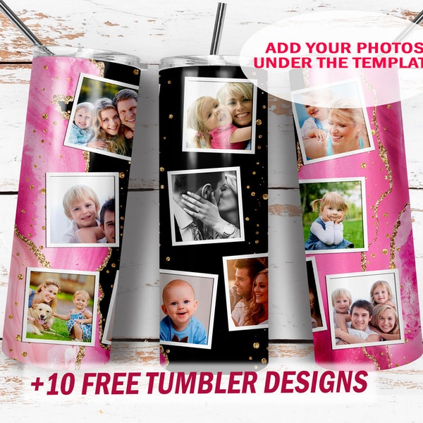 Photo collage tumbler wrap set Sublimation designs downloads for 10 pictures 20 oz skinny cups Pink and black background digital downloads