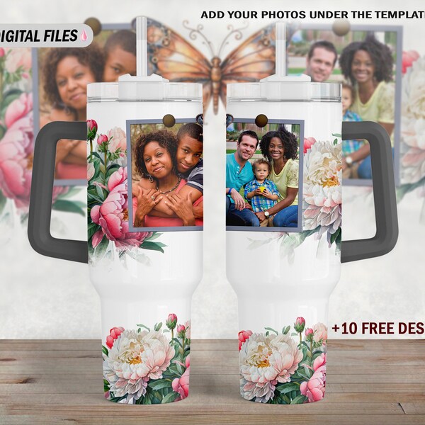 Emballage de 40 oz avec 2 cadres png pour sublimation Modèle de gobelet photo papillon 40 oz avec fleurs roses gobelet enveloppant téléchargements numériques