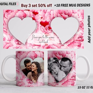 Photo template mug for 15 oz and 11 oz Valentine mug wrap with 2 photo frames Sublimation mug png Heart coffee mug template with picture image 3