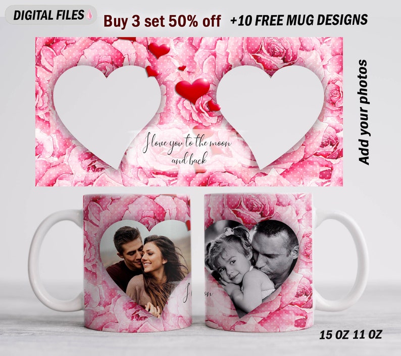 Photo template mug for 15 oz and 11 oz Valentine mug wrap with 2 photo frames Sublimation mug png Heart coffee mug template with picture image 3