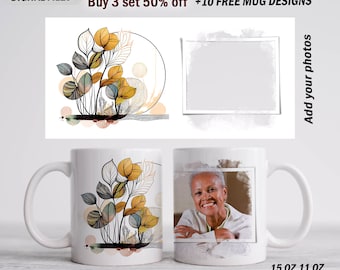 Personalised mug wrap with photo, Mothers day mug sublimation designs, Photo mug template for 15 oz 11 oz, Coffee mug png with flowers
