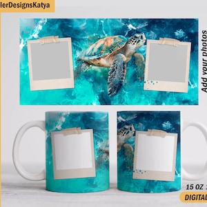 Sea turtle mug wrap with 2 photo frames, Beach mug png files for sublimation designs, Photo mug template for 15 oz 11 oz, Instant downloads
