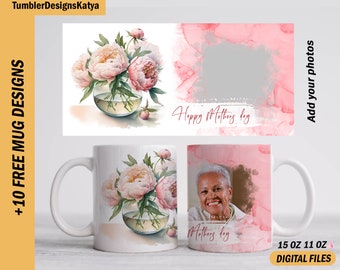 May include: White ceramic mug with a floral design featuring pink peonies in a glass vase. The mug has a handle and the text "Happy Mothers day" and "Add your photos". The mug is 443 ml and 325 ml.