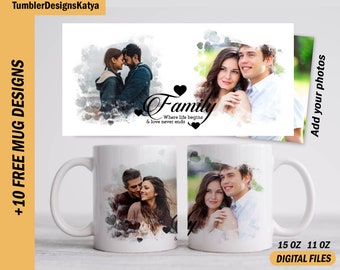 Valentine photo template mug for 15 oz and 11 oz Family mug wrap with 2 frames Sublimation mug Heart coffee mug template with pictures