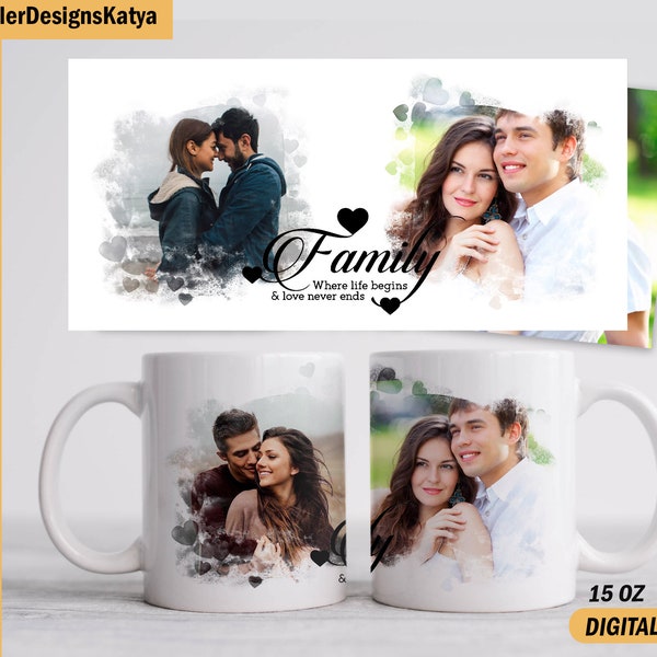 Valentine photo template mug for 15 oz and 11 oz Family mug wrap with 2 frames Sublimation mug Heart coffee mug template with pictures