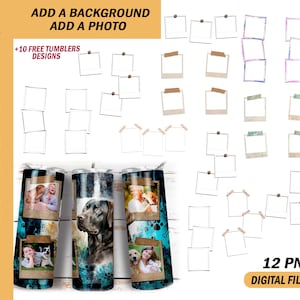 May include: Twelve blank photo templates in a variety of sizes and shapes, perfect for adding a background and photo. The templates are in a digital format and are ready to be downloaded.  The text "ADD A BACKGROUND ADD A PHOTO" and "12 PNG DIGITAL FILES" is also included in the image.