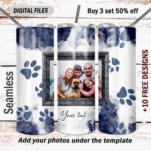 May include: A white tumbler with a blue watercolor background and paw prints. The tumbler has a photo frame with a family photo of a dog and people. The text "Your text" is below the photo frame. The tumbler is seamless and can be customized with your own photos.