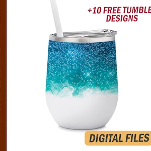 May include: A 12 oz stainless steel wine tumbler with a blue and white glitter design. The tumbler has a lid and a straw. +10 FREE TUMBLER DESIGNS. DIGITAL FILES