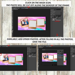 May include: A computer screen displaying a photo editing program with a pink and blue watercolour background. Three photo frames are on the background. The frames are gold with a white border. The frames are empty except for the leftmost frame, which has a photo of a family of three. The screen shows instructions to click on the mask icon to cut the photo off along the border of the frame. The instructions also say to add other photos and save the file.