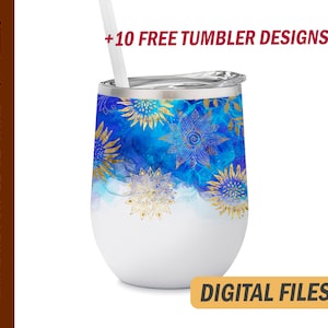 12 Oz wine tumblers template with sunflower Blue wine tumbler wrap designs Png file for sublimation design Alcohol ink background
