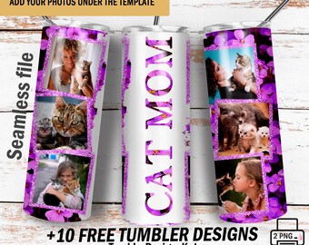 Cat mom tumbler wrap with 6 frames Mother’s day tumbler png file Sublimation designs Seamless tumbler design 20 Oz tumbler wrap with flowers