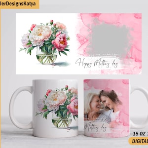 Glücklicher Muttertag Becher wickeln mit 1 Fotorahmen png datei für Sublimationsdesigns Rosa Becher Vorlage 15 oz 11 oz Bildbecher png mit Blumen