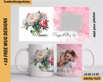 Happy Mother’s day mug wrap with 1 photo frame png file for sublimation designs Pink mug template 15 oz  11 oz Picture mug png with flowers