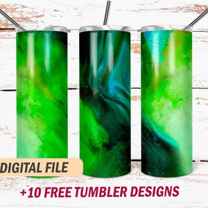 Könnte beinhalten: Drei Edelstahlbecher mit abstrakten grünen und blauen Designs. Jeder Becher hat einen silbernen Strohhalm und einen durchsichtigen Deckel. Der Text "DIGITAL FILE" befindet sich auf einem beigen Banner, und der Text "+10 FREE TUMBLER DESIGNS" steht darunter.