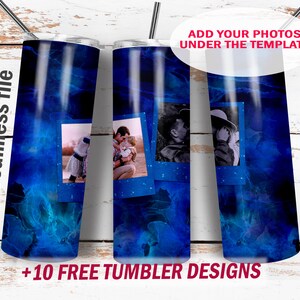 Blue tumbler template with 2 photo frames png file for sublimation designs 20 Oz skinny tumbler wrap Alcohol ink background png