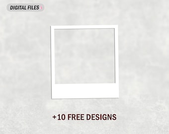 Può includere: Una cornice per foto bianca in stile Polaroid con un bordo bianco e uno sfondo bianco. La cornice è su uno sfondo grigio testurizzato. Il testo "DIGITAL FILES" è in rosa nella parte superiore dell'immagine. Il testo "+10 FREE DESIGNS" è in marrone nella parte inferiore dell'immagine.