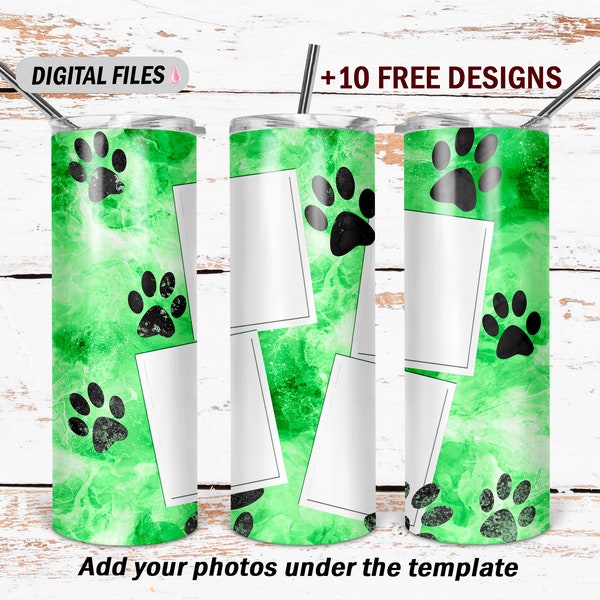 Photo collage tumbler wrap design with dog paws Png file for sublimation designs Green seamless background for 20 oz skinny cups