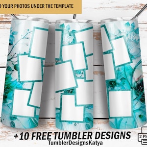 Tumbler template for 12 photo frames Blue 20 oz tumbler for mom Image tumbler wrap marble with 12 photo collage Png file Sublimation designs