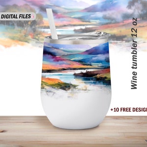 12 Oz wine tumbler wrap blue Wedding wine tumbler template designs Png file for sublimation design landscape background for wine cups