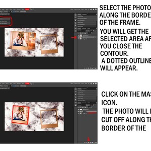 May include: A computer screen showing a photo editing program with two images of a family in front of a Christmas tree. The images are in a frame with a white and gold border. The text on the screen says "Select the photo along the borders of the frame. You will get the selected area after you close the contour. A dotted outline will appear. Click on the mask icon. The photo will be cut off along the border of the"