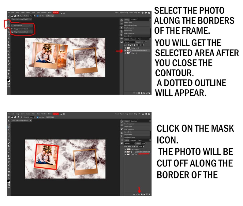 May include: A computer screen showing a photo editing program with two images of a family in front of a Christmas tree. The images are in a frame with a white and gold border. The text on the screen says "Select the photo along the borders of the frame. You will get the selected area after you close the contour. A dotted outline will appear. Click on the mask icon. The photo will be cut off along the border of the"