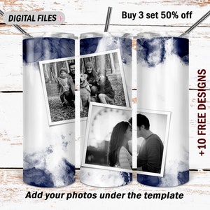 May include: Three sublimation tumbler designs with a blue watercolor background and photo placeholders. The designs feature a family photo, a couple's photo, and a photo of a couple in front of a Ferris wheel. The text "Buy 3 set 50% off" and "Add your photos under the template" are visible at the top and bottom of the image. The text "+10 FREE DESIGNS" is visible on the right side of the image.