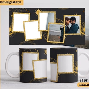 Diseños de sublimación de tazas con fotos con 5 marcos de fotos Plantilla de taza celestial de 15 oz y 11 oz Descargas de diseños de sublimación para taza de café