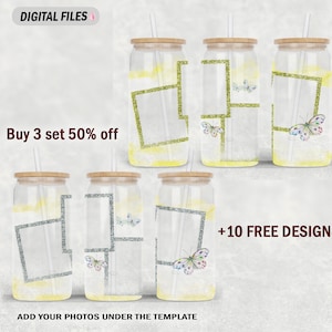 Puede incluir: Conjunto de seis diseños de vasos de sublimación con fondo de purpurina, mariposas y un marco rectangular para agregar una foto. El texto "Buy 3 set 50% off" y "+10 FREE DESIGNS" está incluido en la imagen.