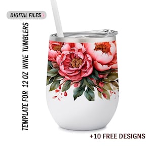 12 Oz wine tumbler wrap with flowers Wedding wine tumbler template designs Png file for sublimation design Pink background for wine cups