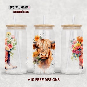 Emballage de boîte de conserve en verre de vache Highland, motifs par sublimation avec des bottes de cow-boy, fichier png de boîte de conserve en verre de 16 oz sans couture, modèle de gobelet dépoli