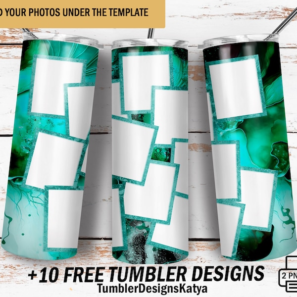 Tumbler template for photo collage Image tumbler wrap with 12 photo frames Sublimation designs Frame photo tumbler green 20Oz tumbler design