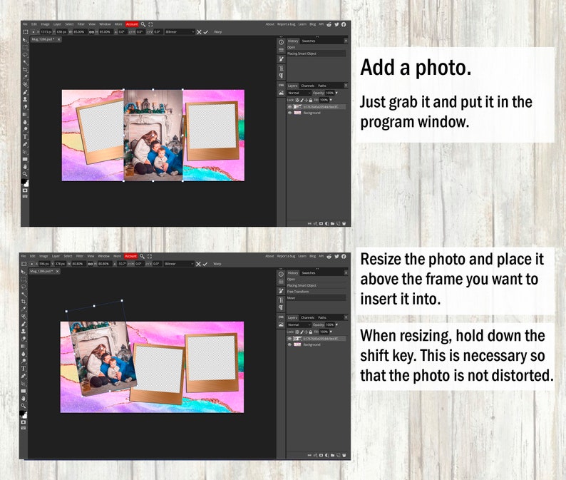May include: A digital image editing program with a watercolour background and three photo frames. The frames are empty and ready for photos to be added. The instructions on the right side of the image explain how to add and resize photos in the program.