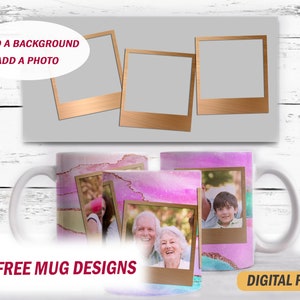 Photo template for 15 oz and 11 oz mugs 3 photo frames Png files for sublimation designs Picture coffee cup wrap digital downloads