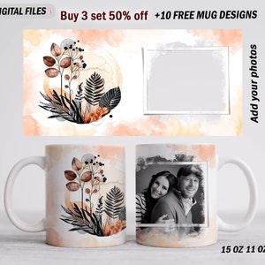 Puede incluir: Una taza de cerámica blanca con un diseño que presenta un fondo de acuarela con un círculo de follaje marrón y negro. La taza tiene un asa y tiene una capacidad de 15 onzas. El diseño también está disponible con un marco de fotos.