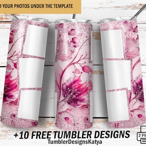 Könnte beinhalten: Ein rosa Glitzerbecher mit floralem Design und vier leeren Fotoplätzen. Der Becher ist bereit für die Personalisierung mit Fotos.  Fügen Sie Ihre Fotos unter die Vorlage ein. +10 KOSTENLOSE BECHER-DESIGNS TumblerDesignsKatya