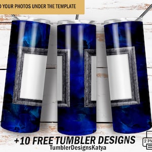 Photo picture tumbler wrap with 2 frames  Png for sublimation designs Blue 20 Oz skinny tumbler wrap Men tumbler design Instant downloads