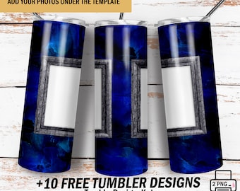 Photo picture tumbler wrap with 2 frames  Png for sublimation designs Blue 20 Oz skinny tumbler wrap Men tumbler design Instant downloads