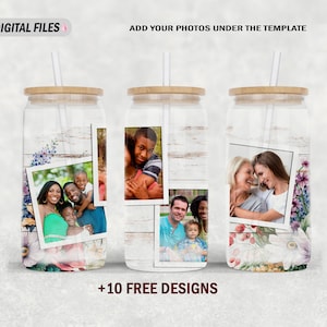 Flowers 16 oz glass sublimation designs with 4 photo frames Seamless16 oz libbey glass can tumbler template 16oz tumbler wrap for 4 pictures